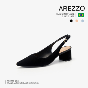 巴西AREZZO雅莉朶2019年夏季新款黑色绒面粗跟一字扣百搭女单凉鞋