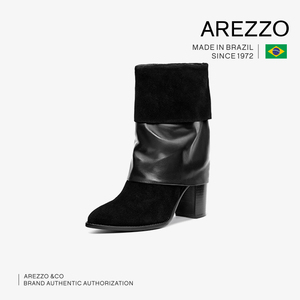 巴西AREZZO雅莉朶2019秋冬新款高粗跟马丁翻口黑色女鞋牛皮中筒靴
