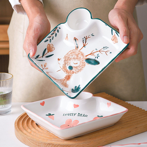 小號水餃子盤帶醋碟陶瓷分格盤碟創意家用日式餐具涼菜碟子薯條盤