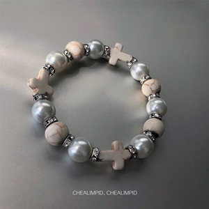 CHEALIMPID/珍珠水鉆十字架手鏈高級感設計潮流嘻哈男女手串