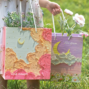 創意油畫禮品袋文藝手提袋節日精美男女生日花束包裝送禮物紙袋子
