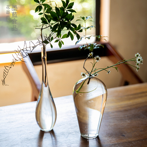 復古日式玻璃花瓶透明花器禪意中式插花器皿客廳桌面擺件梅瓶凈瓶