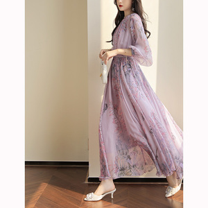 思洛町 约会美到窒息 朦胧紫定 伱是仙女 超大用料长款真丝连衣裙