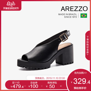 巴西AREZZO雅莉朶2019中高粗坡跟防水台黑色小牛皮休闲女凉鞋