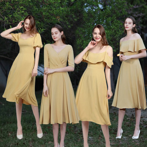 伴娘礼服姐妹裙伴娘团平时可穿仙气质夏季小众雏黄色小个子中长款