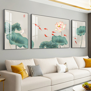 荷花九魚圖客廳裝飾畫新中式沙發背景墻掛畫輕奢大氣三聯畫墻壁畫