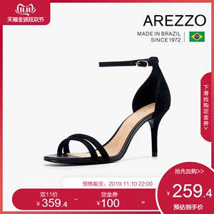 巴西AREZZO雅莉朶2019年新款黑色绒面细高跟一字扣优雅女凉鞋