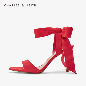 CHARLES＆KEITH女鞋CK1-60360965一字带绒面蝴蝶结绑带高跟鞋凉鞋