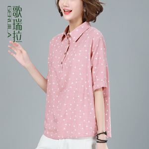 歌瑞拉短袖衬衫女韩版2019夏装新款大码宽松套头休闲衬衣女棉上衣