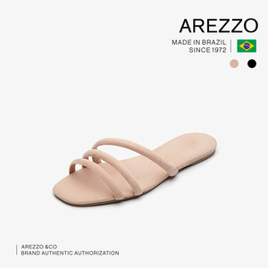 巴西AREZZO雅莉朶2019年春夏新款裸粉色绒面平底休闲百搭凉拖女鞋