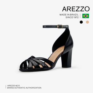 巴西AREZZO雅莉朶2019年夏季新款多色真皮粗跟搭扣镂空百搭女凉鞋