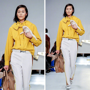 刘雯米兰时装周同款黄色假两件长袖衬衫白色高腰开叉长裤两件套女