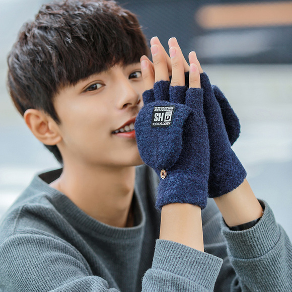 手套男士冬季韩版时尚学生半指五指翻盖加厚针织保暖骑行防寒冬天
