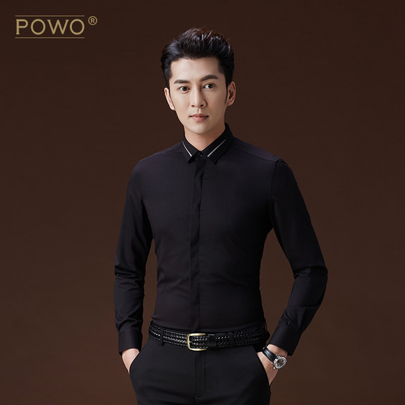 POWO春季衬衫男士长袖修身帅气衣服黑色衬衣休闲青年韩版寸衫男装