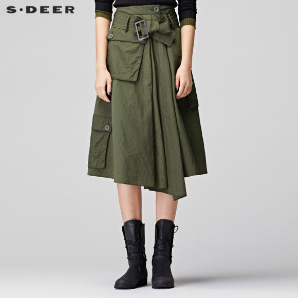 sdeer圣迪奥女装时尚军绿多口袋装饰A廓系腰半身长裙秋S17481110