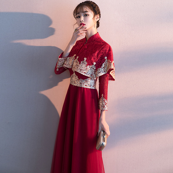 中式敬酒服新娘2019新款夏季红色显瘦长款结婚旗袍礼服女现代出阁
