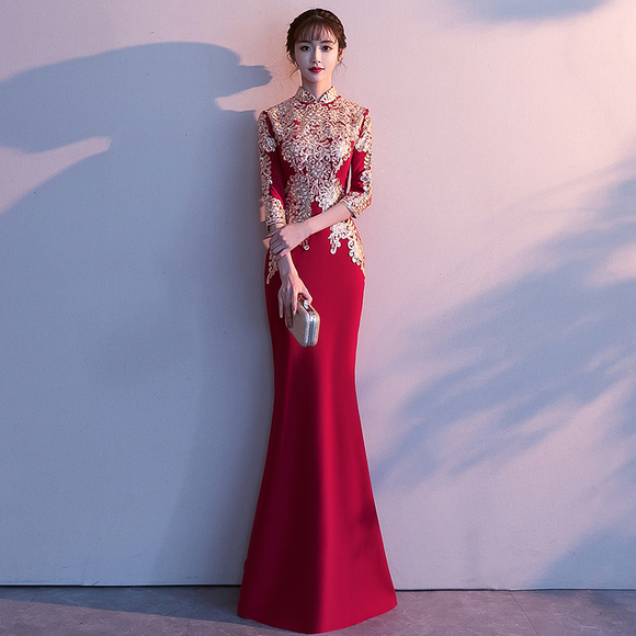 中式新娘敬酒服2018新款旗袍冬季长袖鱼尾修身红色长款结婚礼服女