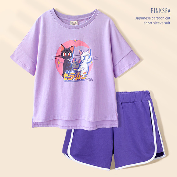 Pinksea睡衣夏季薄款可爱日系卡通猫咪少女睡衣休闲可外穿睡衣女