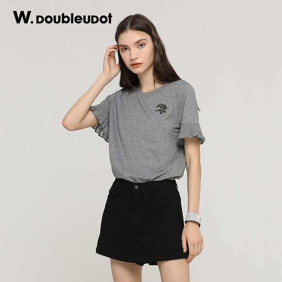 W.doubleudot 春夏新款女休闲时尚纯色个性T恤女短袖宽松上衣女