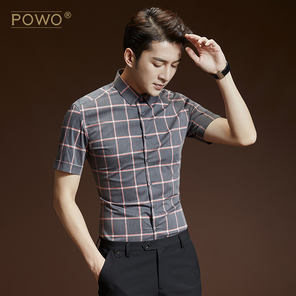 POWO男士短袖衬衫修身商务韩版潮流格子休闲新款衬衣免烫夏季寸衫