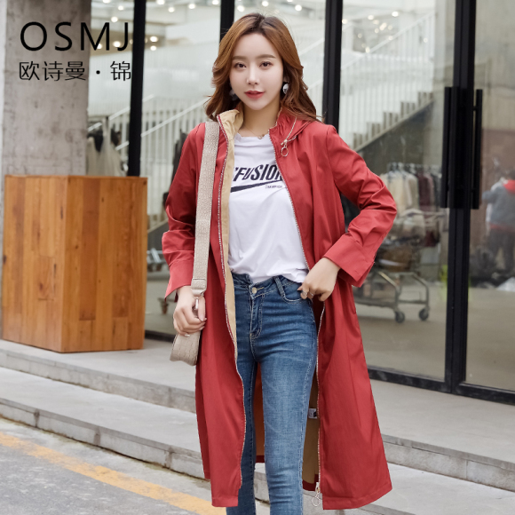 欧诗曼锦薄外套女2019年春季新款韩版纯色中长款风衣J19AW1852
