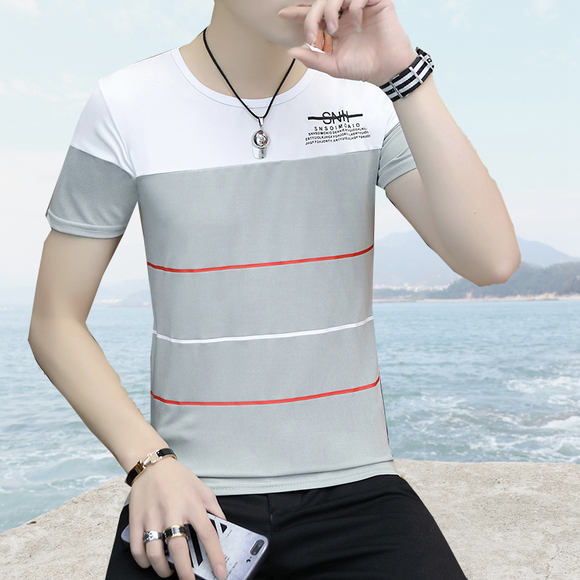 夏季短袖T恤男青少年装冰丝半袖学生韩版修身印花拼接上衣2019潮