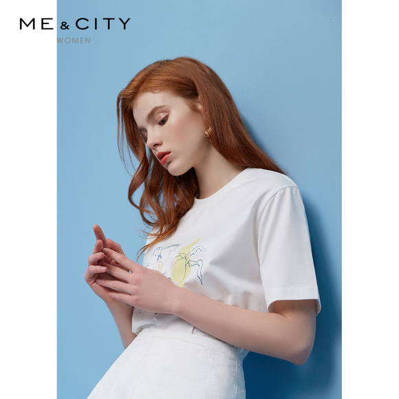 MECITY女装2019夏季新款白色宽松印花短袖打底衫T恤