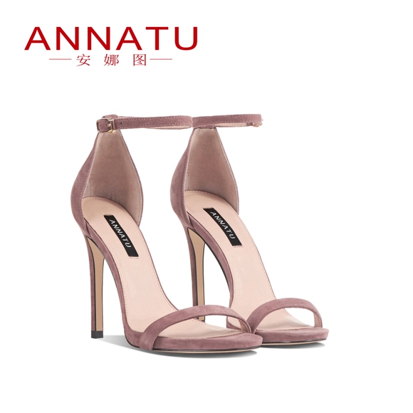 安娜图2019夏新款真皮一字带仙女风细跟高跟鞋性感粉色凉鞋女鞋子