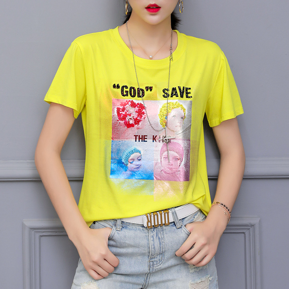 欧洲站大码时尚黄色短袖T恤女2019新款洋气夏装ins体桖上衣欧货潮