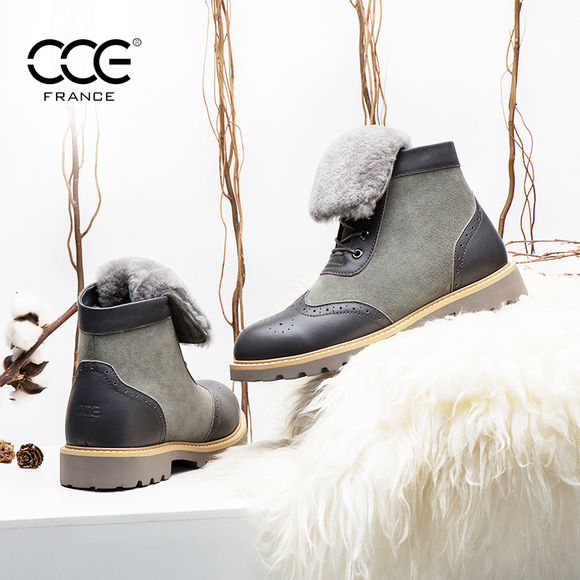 法国CCE冬季保暖翻毛短筒靴子猪八戈牛皮拼接羊毛雪地靴男靴c3066
