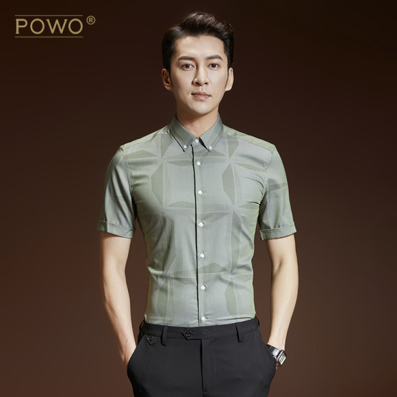 POWO男士衬衫短袖韩版寸衫商务休闲印花男装修身潮流免烫衬衣夏季