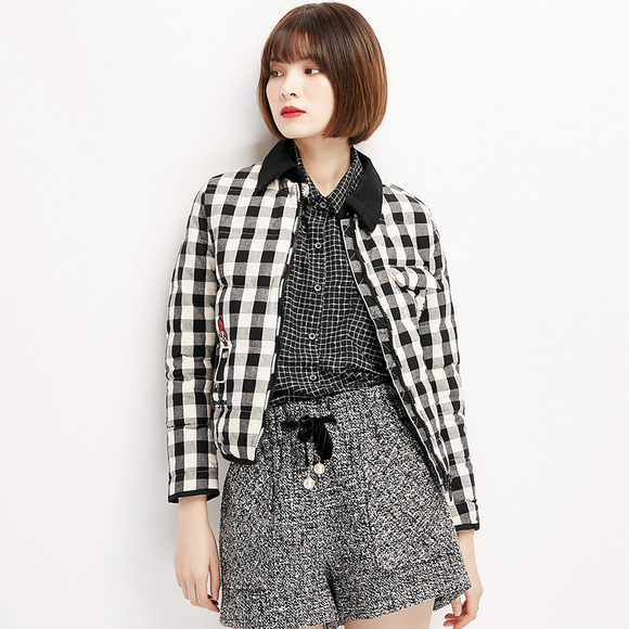 krseed2019冬季新款格子减龄韩版短款保暖白鸭绒羽绒服刺绣外套女
