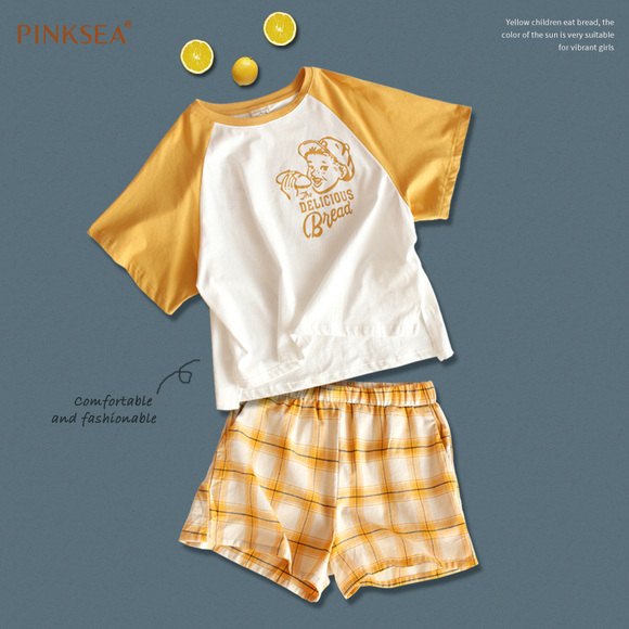Pinksea睡衣夏季薄款套装格子短袖短裤可爱宽松款学生睡衣女纯棉