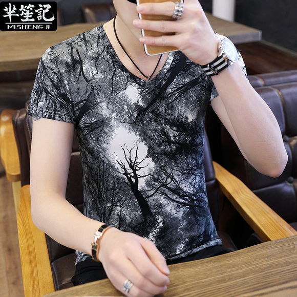 夏季男士短袖T恤韩版冰丝修身V领潮帅气打底衫印花半袖男装上衣服