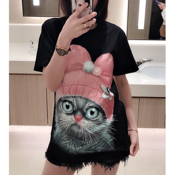 2019新款T恤女3D萌猫图案前后猫咪欧货大版明星款宽松夏女潮短袖
