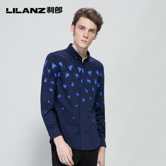 Lilanz/利郎含竹纤维休闲衬衫男士藏青扣领几何印花衬衣7QXC0261Y