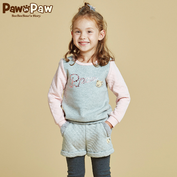 Pawinpaw宝英宝卡通小熊童装冬季款女童拼色T恤儿童圆领长袖上衣