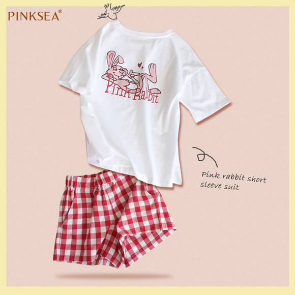 Pinksea纯棉睡衣女夏全棉格子短袖短裤甜美可爱兔子睡衣夏季薄款