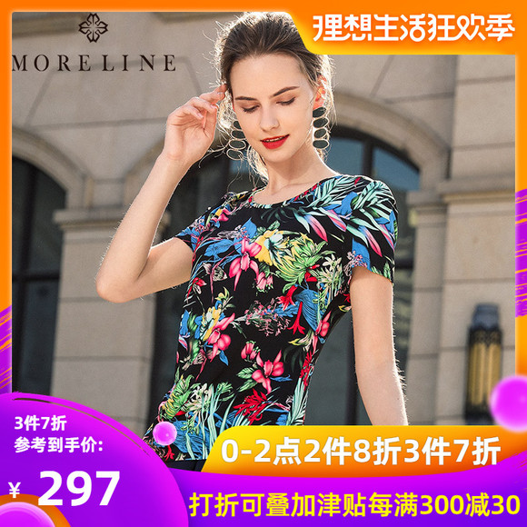 MORELINE沐兰2019夏季新品女装针织圆领印花短袖衫T恤19234602