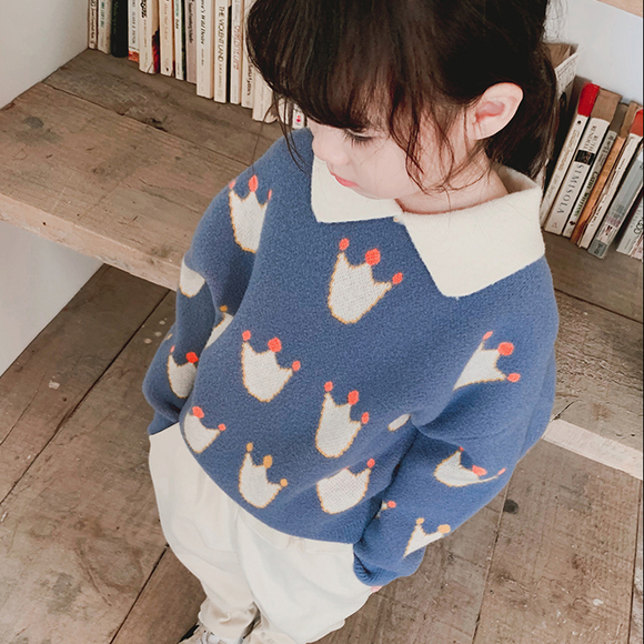 童良品  女童皇冠蓝色毛衣2019冬款儿童宝宝套头加厚针织衫