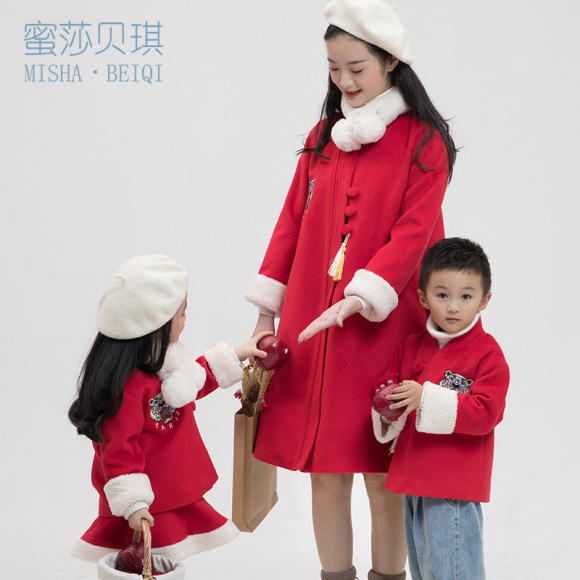 亲子装冬装2018新款中国风女童唐装母子母女装一家三口全家装外套