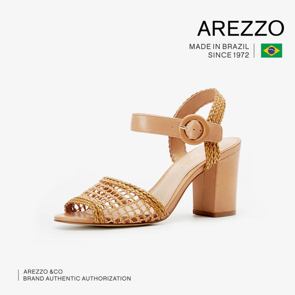 巴西AREZZO雅莉朶2019年夏季新款棕色粗高跟镂空搭扣休闲女单凉鞋