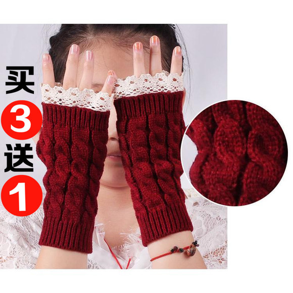 新款韩版蕾丝花边手套女秋冬保暖时尚护腕百搭学生毛线漏半指手套
