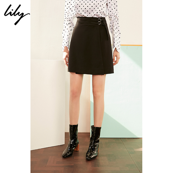 Lily2019春新款女装商务感A型显瘦小黑裙短裙半身裙119120C6227