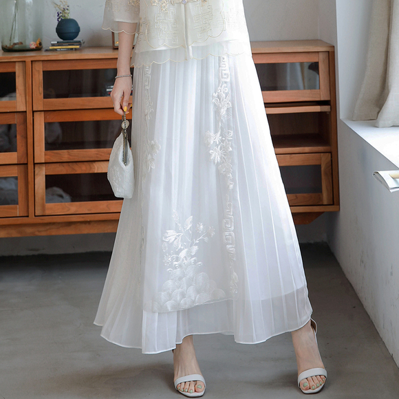 百褶裙中长款2019夏季新款中国风女装复古中式白色半身裙仙女长裙