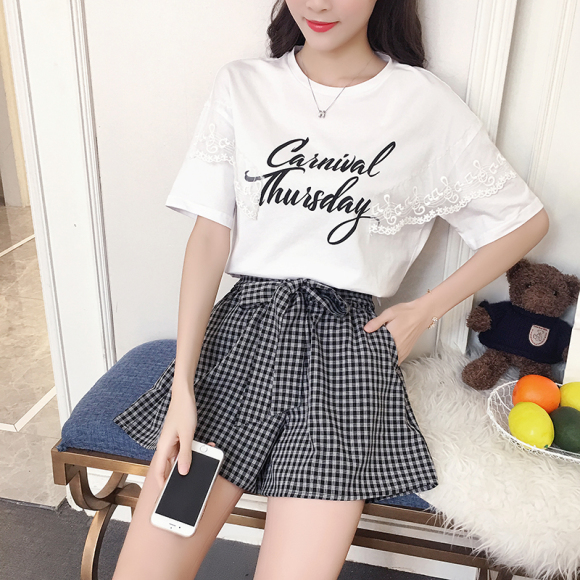 夏装2019新款套装韩版女装白色t恤字母两件套高腰阔腿裤时尚套装