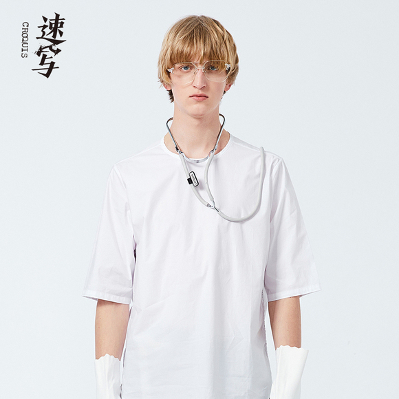 速写原创设计师男装夏季新品男士白色舒适基础款休闲时尚短袖衬衫