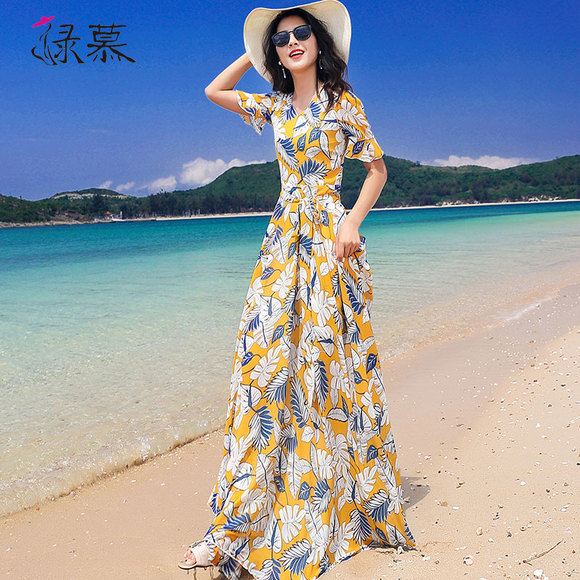 绿慕2019新款流行夏季沙滩裙子花色雪纺连衣裙女修身显瘦长裙超仙