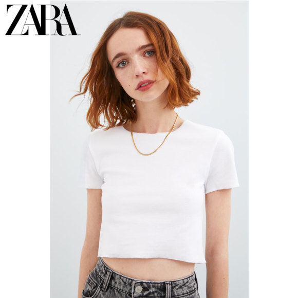 ZARA新款 TRF 女装 白色短款宽松圆领短袖 T 恤 01660304250