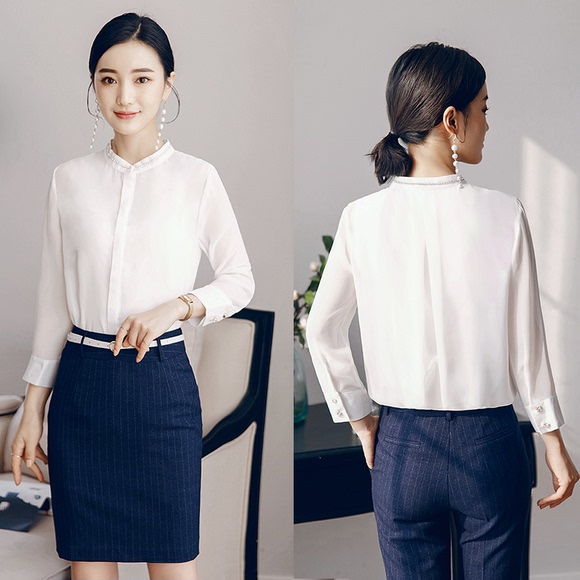 职业女装长袖2019新款韩版OL正装工作服白色立领衬衣女